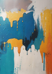 blue background with abstract paint drips with orange and white accents
