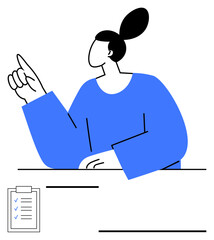 Female figure gestures upward next to a clipboard with checkmarks, symbolizing ideas, task prioritization, or strategic planning. Ideal for productivity, organization, guidance, leadership, ideas