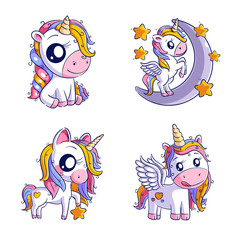 Cute unicorn with stars, hand-drawn style set