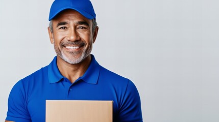 Smiling delivery man holding a package.