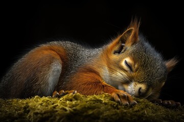 Obraz premium Squirrel sleeping on the moss isolated on black background, studio shot