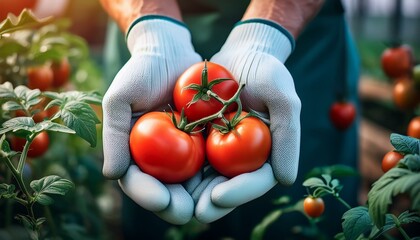 hands in gardening gloves holding fresh tomatoes for organic gardening content farm to table promotions farming ads gardening blogs natural lifestyle campaigns