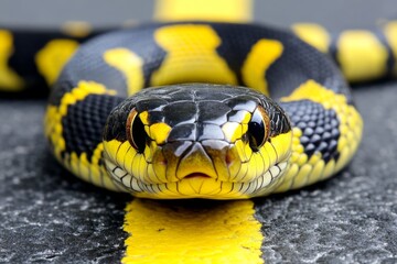 Obraz premium Black and yellow snake crossing a road in a tropical location during daylight, showcasing its vibrant colors and intricate patterns