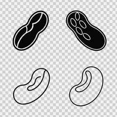 A vector illustration featuring a set of four nut designs, including peanuts and cashew nuts, depicted in bold and thin line art styles. The icons are presented on a transparent background,