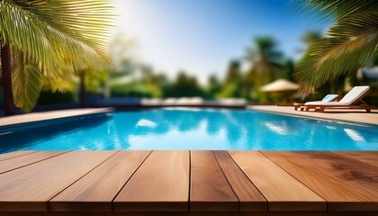 wooden table surface against a serene pool background ideal for showcasing beauty products tropical designs or relaxation concepts