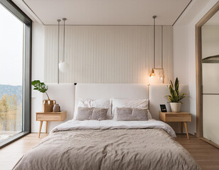 Interior of modern bedroom with white bed and alarm clock on bedside