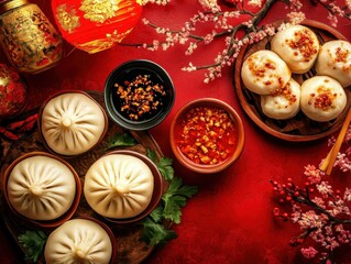 Fototapeta premium Savoring Chinese-Style Steamed Buns with Flavorful Dipping Sauces Asian Cuisine Food Scene Restaurant Atmosphere Culinary Delight