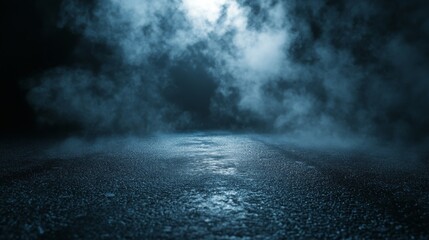 abstract asphalt light in dark street and smoke on black background