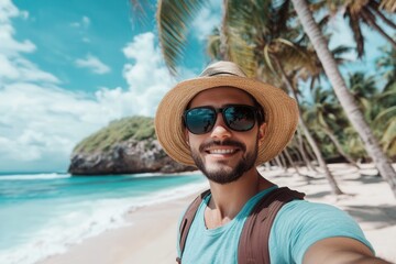 Tropical adventure vibes: traveler's close-up selfie on paradise beach.
