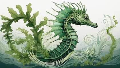 Fototapeta premium a minimalistic illustration of a leafy seadragon swimming adorned with green seaweed like appendages against a light background