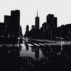 black and white cityscape, New York City skyline, reflections in water, silhouettes of skyscrapers, dramatic urban landscape, Freedom Tower, moody atmosphere, high contrast, architectural photography,