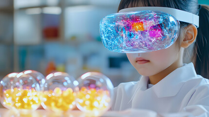 Young girl engages with immersive technology, exploring vibrant digital elements with excitement
