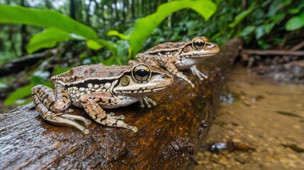 Fototapeta premium Frogs Resting on Logs in Lush Jungle Setting