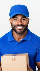 Smiling delivery person holding a package.