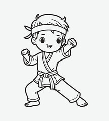 Kids line art vector black border | Sports Coloring page Activity | Perfect for Young Martial Artists | Exciting Karate Kid Illustration.	