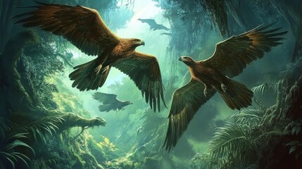 Fototapeta premium Gliding Hawks in Dense Jungle Valley Scene