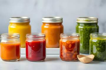 Row of various colorful homemade sauces in glass jars.