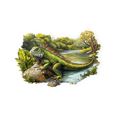 Fototapeta premium Animal, Green Iguana, River, Water, Nature, Amazon, Forest, Art, Image, with Transparent Background PNG, for Stickers, T-Shirt Print, Cap, Mug, Flip Flops, Mousepad, Transparent PNG