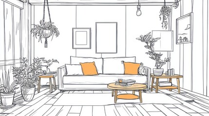 Fototapeta premium Sketch of a cozy living room with sofa, plants, and side tables.