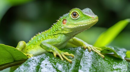 Fototapeta premium Green Lizard in Lush Jungle Setting