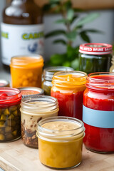 Row of various colorful homemade sauces in glass jars.