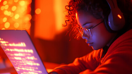 A young coder's face is illuminated by soft orange light as she works on intricate code