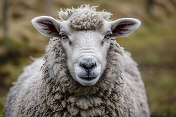 Fototapeta premium A close-up of a woolly sheep with soft, textured fleece, its eyes calm and curious, framed by a rustic countryside.
