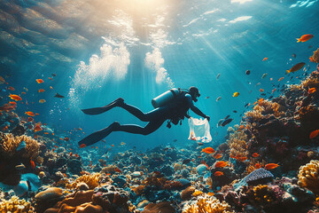 Diver collects plastic waste while exploring vibrant coral reef in tropical waters