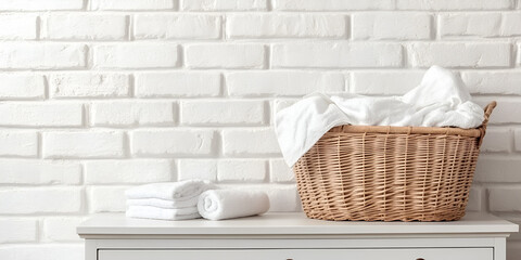 Wicker Laundry Basket with White Linens on Dresser Against White Brick Wall

