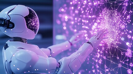 Synthetic robot cognition visualized as a humanoid figure with glowing patterns merging with virtual environments