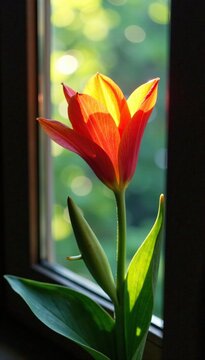Flor de lirio que se filtra a trav?s de una ventana con visillos, naturaleza, luz, colorido