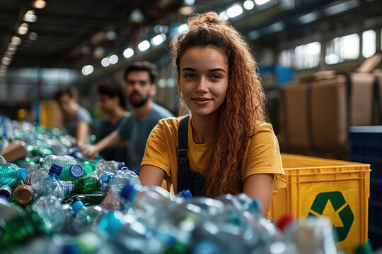 Young woman participating in recycling efforts at an industrial facility during daylight hours