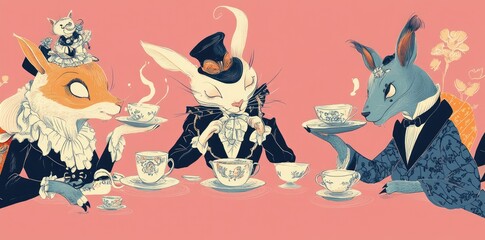 Anthropomorphic Animals Enjoying Afternoon Tea Together