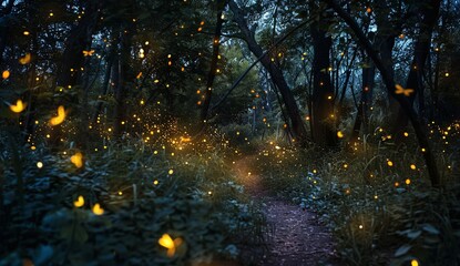 Enchanted forest path at night, illuminated by the soft glow of fireflies. A magical, mystical scene.