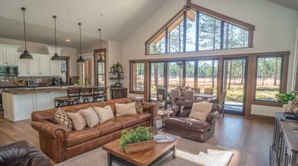Fototapeta premium Spacious open-plan living room with leather sofa, high ceilings, and large windows showcasing a scenic view.