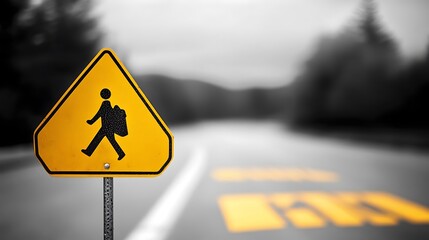 A yellow school crossing sign on a plain grey background 