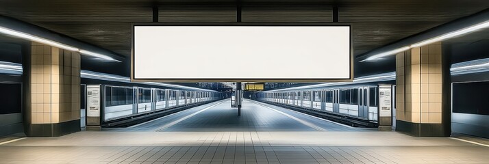 subway station, empty platform, large blank billboard, advertising space, urban environment, tiled floor, metal ceiling, fluorescent lighting, symmetrical composition, modern architecture, minimalist 