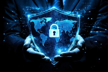Cybersecurity Professional Holding Transparent Shield with Lock Symbol over Pixelated World Map