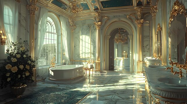 Elegant Marble Bathroom with Luxurious Gold Fixtures and Sunlit Ambiance