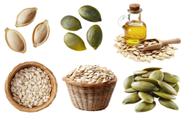 Pumpkin seeds seed nut fruit kernel, many angles view side top pile stack, basket, oil, with husk shell unshelled, raw isolated on transparent cutout, PNG. Mockup template for design