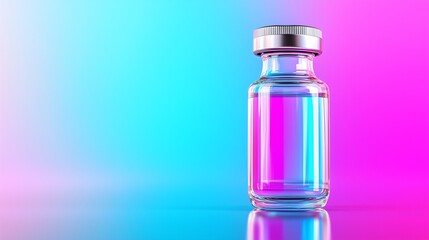Transparent glass vial with a gradient pink-blue liquid against a vibrant background.