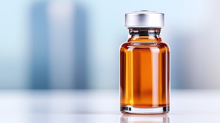 Glass vial with amber liquid on a smooth surface with a blurred background.
