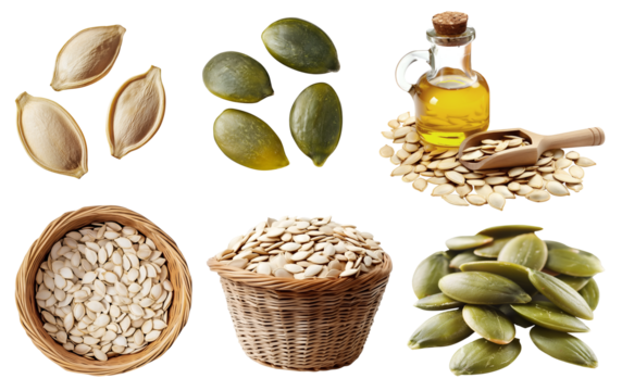 Pumpkin seeds seed nut fruit kernel, many angles view side top pile stack, basket, oil, with husk shell unshelled, raw isolated on transparent cutout, PNG. Mockup template for design