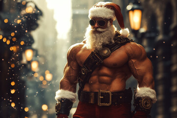 Santa Claus with muscular physique stands confidently on a festive street wearing sunglasses and a fur-trimmed hat. Concept of holiday strength and modern twist. For holiday card design