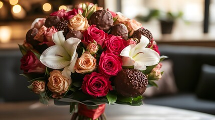 Beautiful bouquet of roses and lilies arranged with chocolate treats for special occasions.