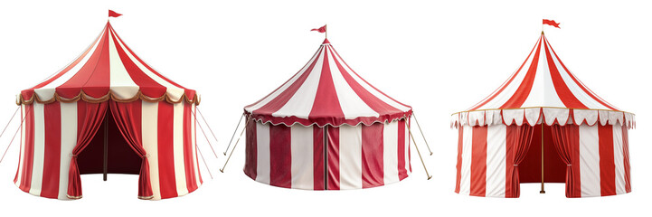 Set of A red and white circus tent with a striped roof on transparent png background