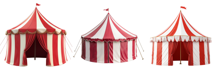 Set of A red and white circus tent with a striped roof on transparent png background