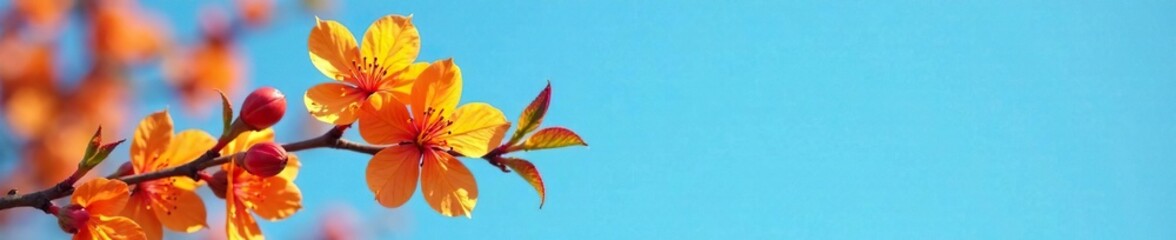 Orange bloom on a branch against a clear blue sky, oranges, flowers