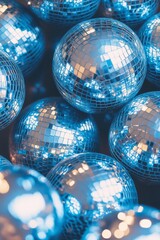 Set of blue and silver disco balls with blings. Retro music party shining spheres. Mirror balls for nightclub discotheque in 70s 80s 90s vintage style