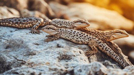 Fototapeta premium Reptiles Sunning on Rocks in Golden Hour Lighting